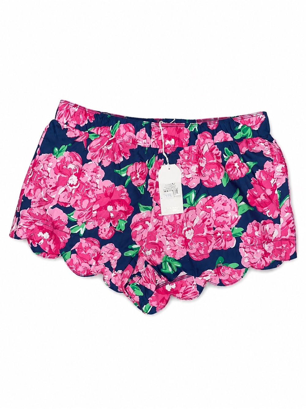 Mud Pie Pink Peony Floral Pajama Shorts Navy Scalloped Hem XS NWT